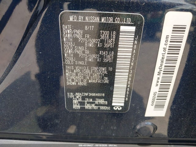 Aukcja sprzedaży 2017 Infiniti Qx80, vin: JN8AZ2NF3H9646518, numer aukcji: 45106427