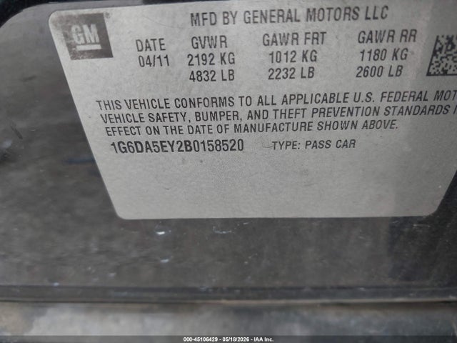 45106429 :رقم المزاد ، 1G6DA5EY2B0158520 vin ، 2011 Cadillac Cts Standard مزاد بيع
