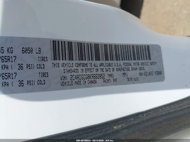 Aukcja sprzedaży 2019 Dodge Grand Caravan Sxt, vin: 2C4RDGCG8KR662852, numer aukcji: 45106434