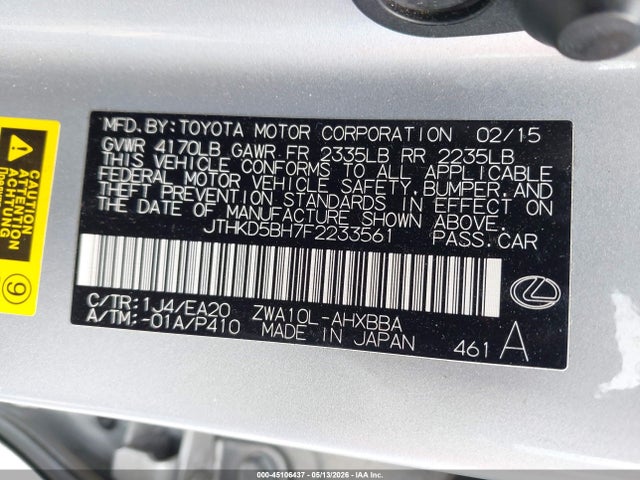Продажа на аукционе авто 2015 Lexus Ct 200h, vin: JTHKD5BH7F2233561, номер лота: 45106437