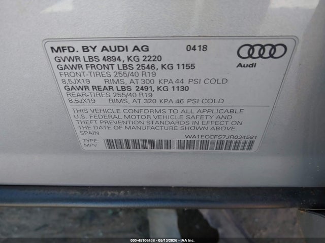 Aukcja sprzedaży 2018 Audi Q3 2.0t Premium/2.0t Sport Premium, vin: WA1ECCFS7JR034581, numer aukcji: 45106438