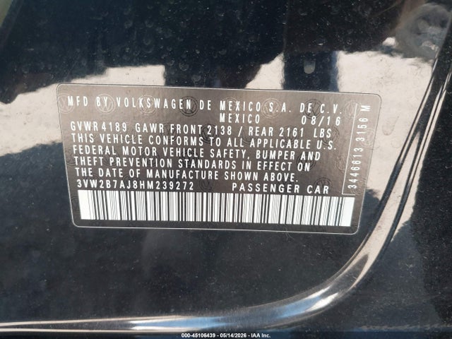 Aukcja sprzedaży 2017 Volkswagen Jetta 1.4t S, vin: 3VW2B7AJ8HM239272, numer aukcji: 45106439