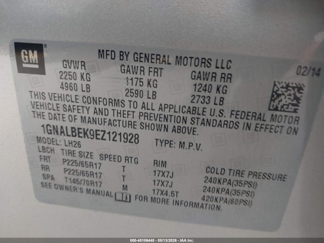 Aukcja sprzedaży 2014 Chevrolet Equinox 1lt, vin: 1GNALBEK9EZ121928, numer aukcji: 45106448