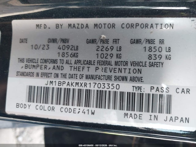 Aukcja sprzedaży 2024 Mazda Mazda3, vin: JM1BPAKMXR1703350, numer aukcji: 45106450