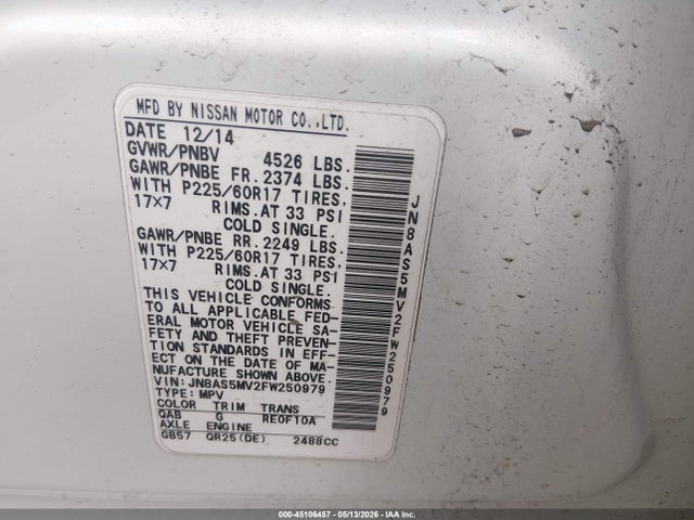 Aukcja sprzedaży 2015 Nissan Rogue Select S, vin: JN8AS5MV2FW250979, numer aukcji: 45106457