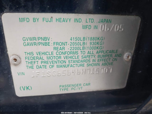 Aukcja sprzedaży 2006 Subaru Forester 2.5x, vin: JF1SG65646H715707, numer aukcji: 45106461