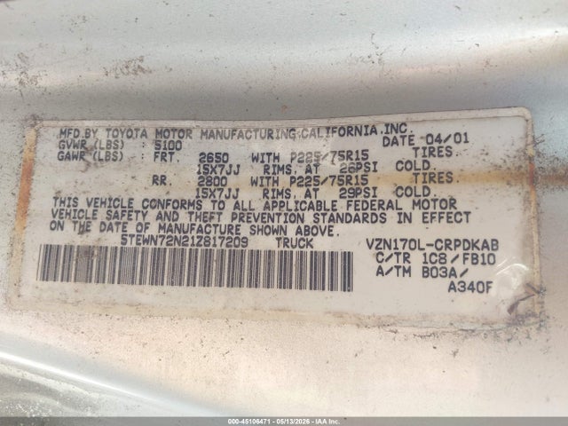 Aukcja sprzedaży 2001 Toyota Tacoma Base V6, vin: 5TEWN72N21Z817209, numer aukcji: 45106471