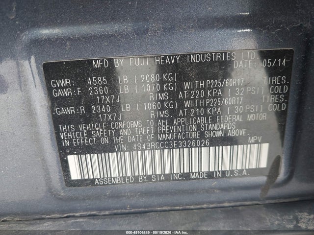 45106489 :رقم المزاد ، 4S4BRCCC3E3326026 vin ، 2014 Subaru Outback 2.5i Premium مزاد بيع