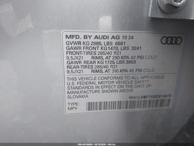 Aukcja sprzedaży 2025 Audi Q7 Premium Plus 55 Tfsi Quattro Tiptronic, vin: WA1LVBF7XSD018073, numer aukcji: 45106498