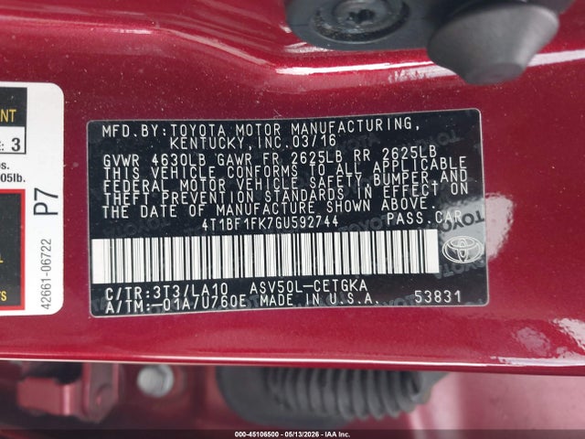 2016 Toyota Camry Xle მანქანა იყიდება აუქციონზე, vin: 4T1BF1FK7GU592744, აუქციონის ნომერი: 45106500