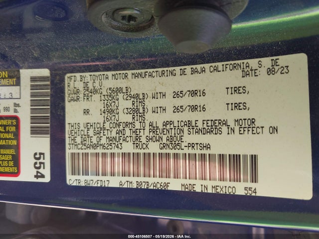 45106507 :رقم المزاد ، 3TMCZ5AN0PM625743 vin ، 2023 Toyota Tacoma Trd Off Road مزاد بيع