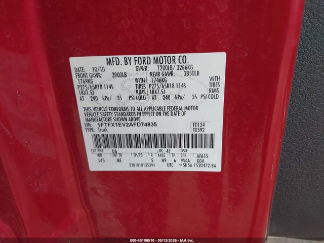 45106510 :رقم المزاد ، 1FTFX1EV2AFD74835 vin ، 2010 Ford F-150 Fx4/lariat/xl/xlt مزاد بيع