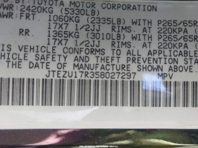 45106515 :رقم المزاد ، JTEZU17R358027297 vin ، 2005 Toyota 4runner Limited V6 مزاد بيع