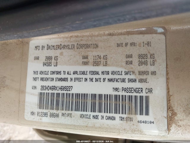 Продаж на аукціоні авто 2001 Dodge Intrepid Se, vin: 2B3HD46RX1H609227, номер лоту: 45106521