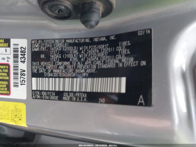 5TDKK3DC1ES458658 Toyota Sienna Le V6 8 Passenger