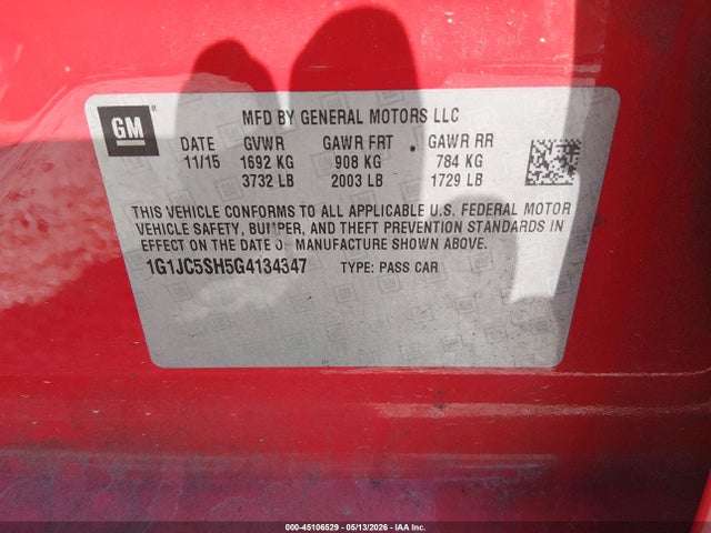 Chevrolet Sonic Lt Auto 2016 1G1JC5SH5G4134347 Image 9