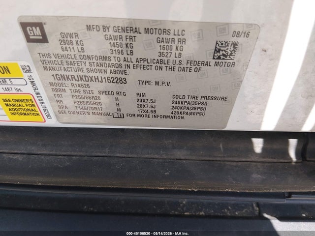 Aukcja sprzedaży 2017 Chevrolet Traverse Premier, vin: 1GNKRJKDXHJ162283, numer aukcji: 45106530