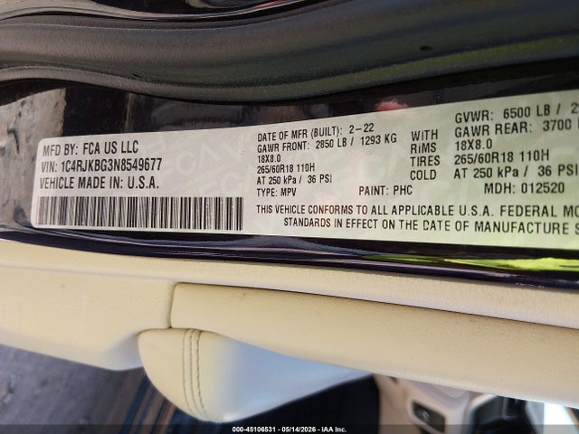 Aukcja sprzedaży 2022 Jeep Grand Cherokee L Limited 4x4, vin: 1C4RJKBG3N8549677, numer aukcji: 45106531
