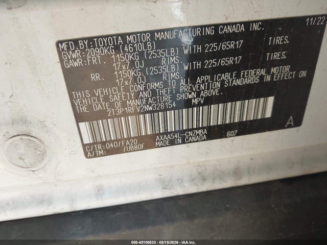 Aukcja sprzedaży 2022 Toyota Rav4 Xle, vin: 2T3P1RFV2NW328154, numer aukcji: 45106533