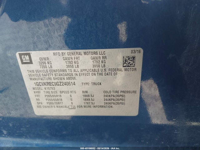 45106552 :رقم المزاد ، 1GCVKREC9GZ240614 vin ، 2016 Chevrolet Silverado 1500 1lt مزاد بيع