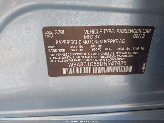 Продажа на аукционе авто 2013 Bmw 328i, vin: WBA3C1G55DNR47925, номер лота: 45106560