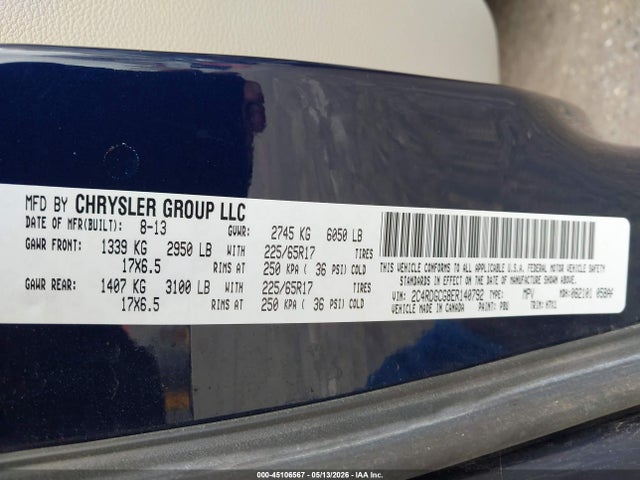 Aukcja sprzedaży 2014 Dodge Grand Caravan Sxt, vin: 2C4RDGCG8ER140792, numer aukcji: 45106567