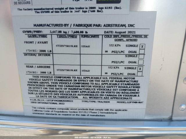 1STJFYM28NJ559022 Airstream Airstream
