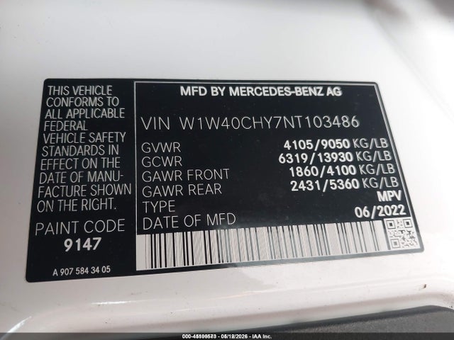 Продаж на аукціоні авто 2022 Mercedes-benz Sprinter 2500 High Roof I4, vin: W1W40CHY7NT103486, номер лоту: 45106573
