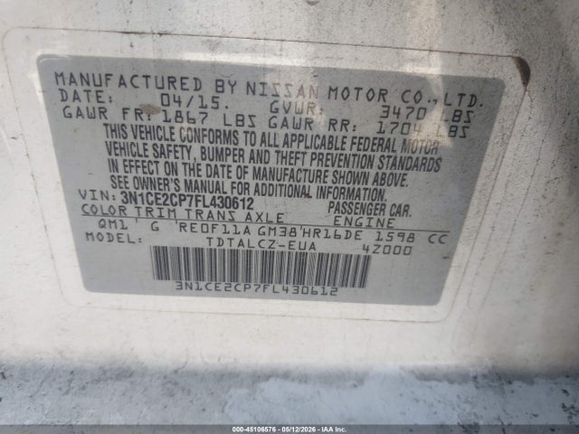 Aukcja sprzedaży 2015 Nissan Versa Note S Plus, vin: 3N1CE2CP7FL430612, numer aukcji: 45106576
