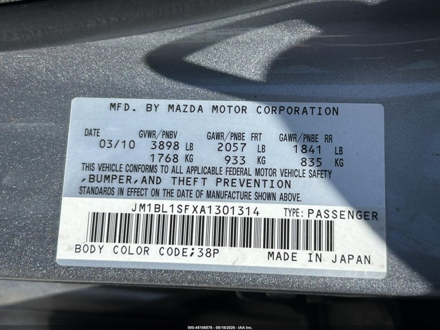 45106578 :رقم المزاد ، JM1BL1SFXA1301314 vin ، 2010 Mazda Mazda3 مزاد بيع