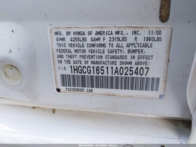 45106582 :رقم المزاد ، 1HGCG16511A025407 vin ، 2001 Honda Accord 3.0 Ex مزاد بيع