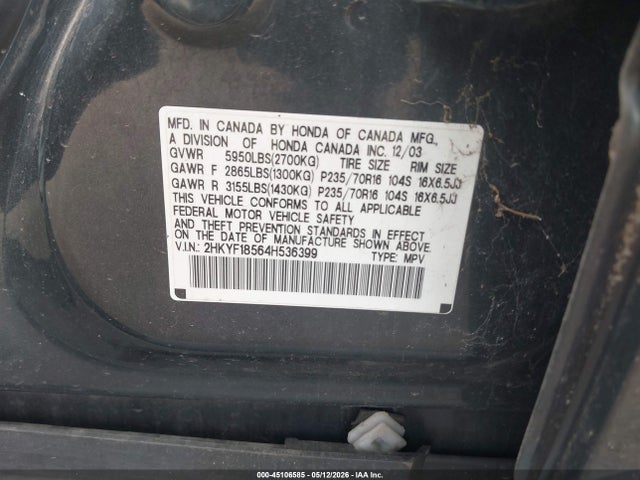 45106585 :رقم المزاد ، 2HKYF18564H536399 vin ، 2004 Honda Pilot Exl مزاد بيع