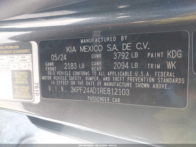 Aukcja sprzedaży 2024 Kia Forte Lxs, vin: 3KPF24AD1RE812103, numer aukcji: 45106593