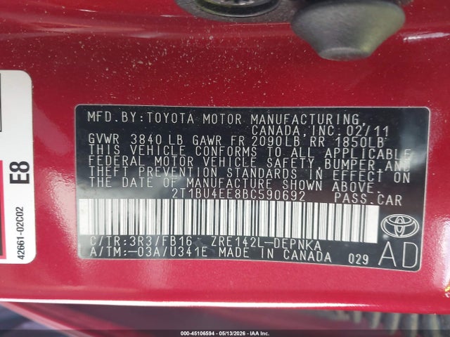 Aukcja sprzedaży 2011 Toyota Corolla Le, vin: 2T1BU4EE8BC590692, numer aukcji: 45106594