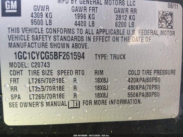 Aukcja sprzedaży 2011 Chevrolet Silverado 2500hd Ltz, vin: 1GC1CYCG5BF261594, numer aukcji: 45106599