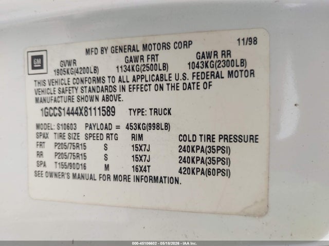 Продаж на аукціоні авто 1999 Chevrolet S-10 Ls, vin: 1GCCS1444X8111589, номер лоту: 45106602