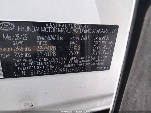 2023 Hyundai Santa Fe Sel მანქანა იყიდება აუქციონზე, vin: 5NMS2DAJ9PH568260, აუქციონის ნომერი: 45106603