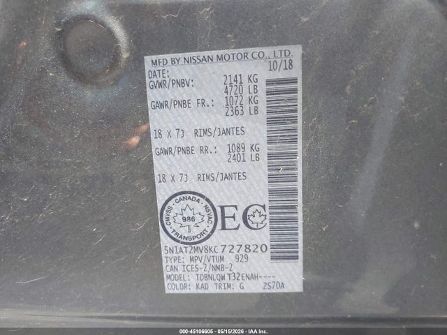 Aukcja sprzedaży 2019 Nissan Rogue S/sl/sv, vin: 5N1AT2MV8KC727820, numer aukcji: 45106605