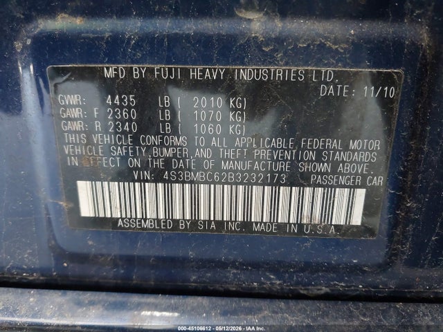 Aukcja sprzedaży 2011 Subaru Legacy 2.5i Premium, vin: 4S3BMBC62B3232173, numer aukcji: 45106612