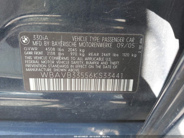 45106629 :رقم المزاد ، WBAVB33556KS33441 vin ، 2006 Bmw 330i مزاد بيع