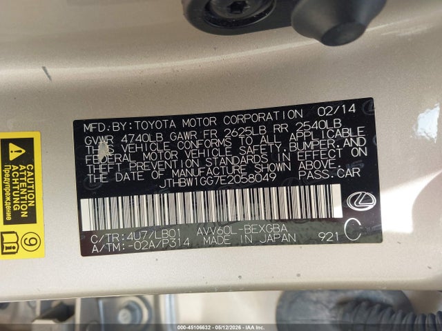 Lexus ES 300H 2014 JTHBW1GG7E2058049 Image 9