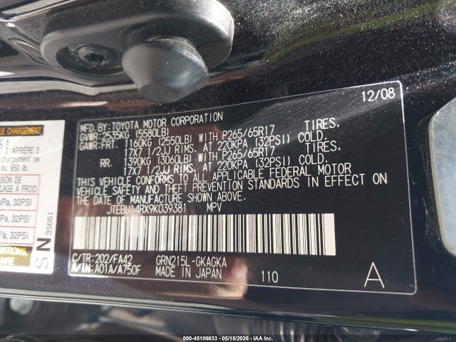 Aukcja sprzedaży 2009 Toyota 4runner Sr5 V6, vin: JTEBU14RX9K039381, numer aukcji: 45106633