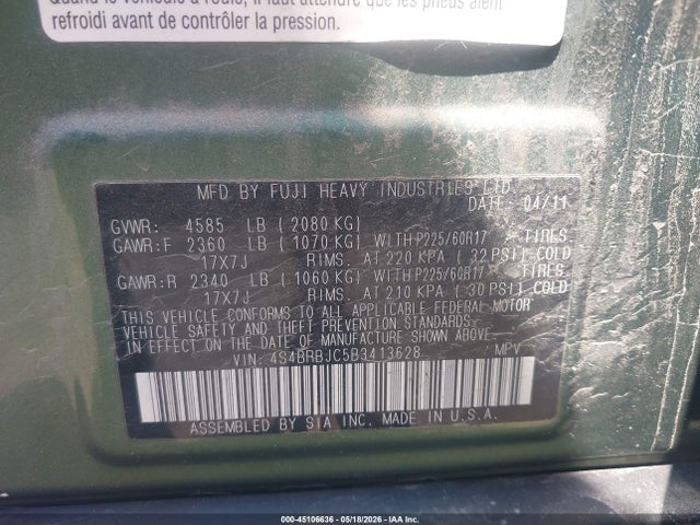 45106636 :رقم المزاد ، 4S4BRBJC5B3413628 vin ، 2011 Subaru Outback 2.5i Limited مزاد بيع