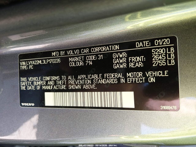Продаж на аукціоні авто 2020 Volvo S90 T6 Inscription, vin: LVYA22ML3LP170226, номер лоту: 45106653