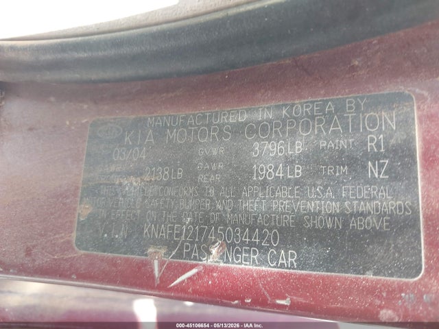 2004 Kia Spectra Ex/lx მანქანა იყიდება აუქციონზე, vin: KNAFE121745034420, აუქციონის ნომერი: 45106654