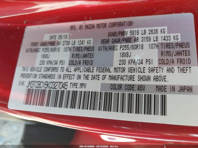 Aukcja sprzedaży 2019 Mazda Cx-9 Touring, vin: JM3TCBCY6K0327045, numer aukcji: 45106656