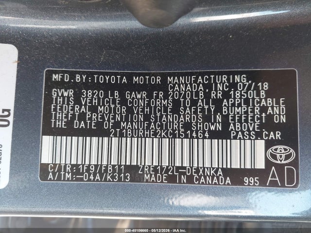 45106660 :رقم المزاد ، 2T1BURHE2KC151464 vin ، 2019 Toyota Corolla Le مزاد بيع