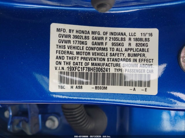 Auction sale of the 2017 Honda Civic Ex-l, vin: 19XFC1F78HE006241, lot number: 45106666