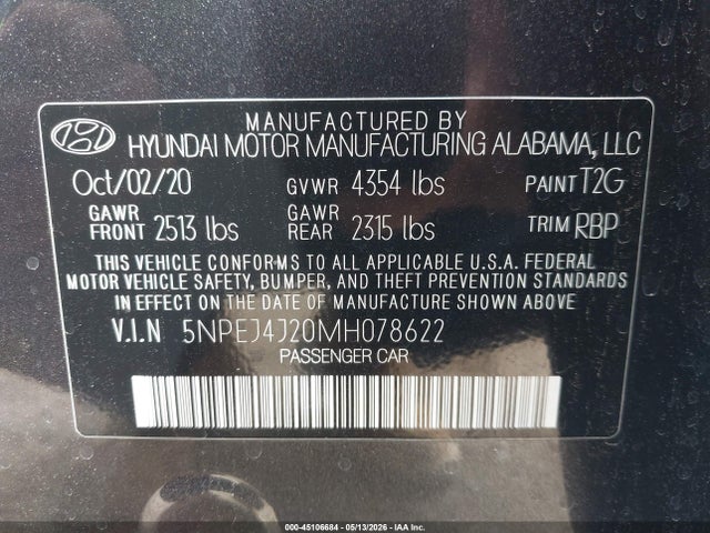 Aukcja sprzedaży 2021 Hyundai Sonata Sel Plus, vin: 5NPEJ4J20MH078622, numer aukcji: 45106684