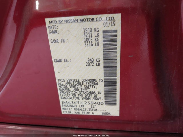 Aukcja sprzedaży 2015 Nissan Altima 2.5/2.5 S/2.5 Sl/2.5 Sv, vin: 1N4AL3AP7FC259400, numer aukcji: 45106703